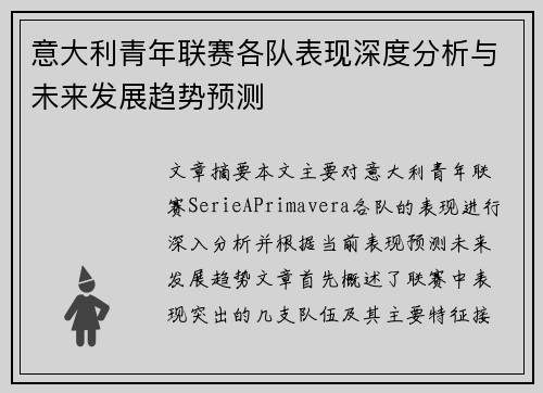 意大利青年联赛各队表现深度分析与未来发展趋势预测